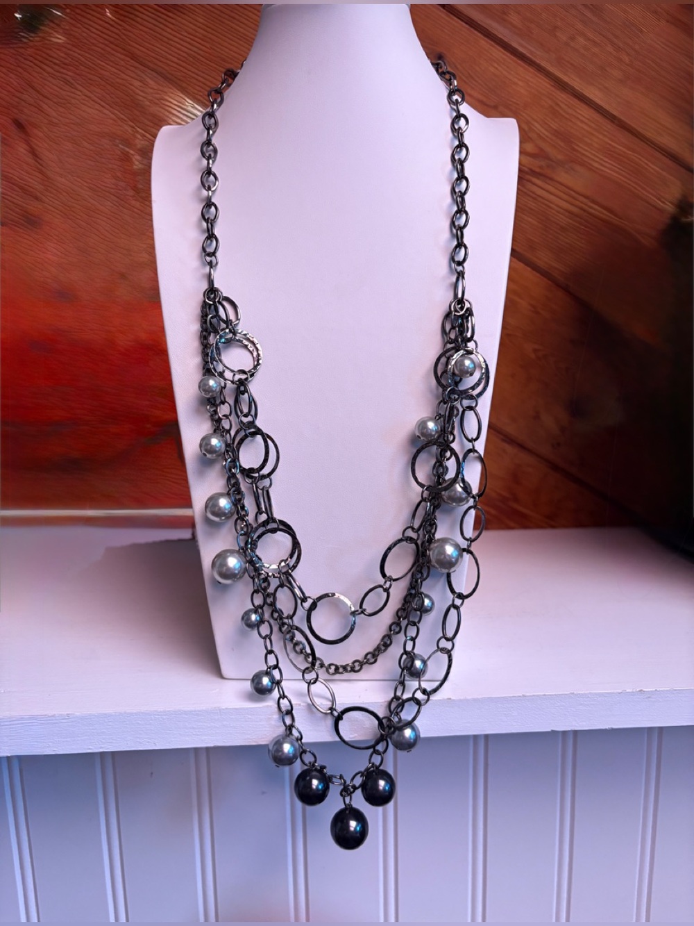 Multi-Strand Gunmetal and Pearl Necklace